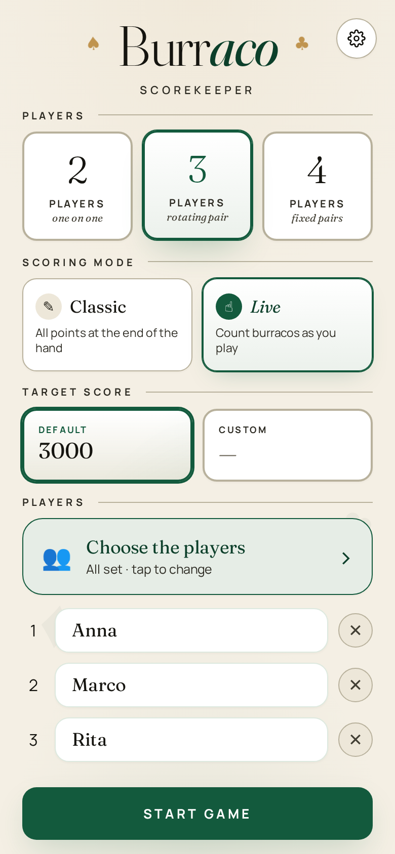 Burraco Calc opening screen
