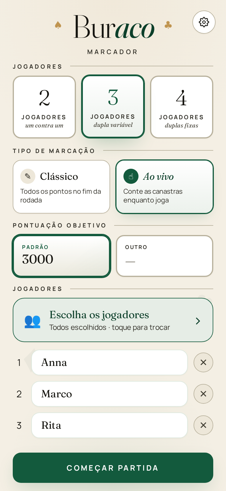 Tela inicial do Buraco Calc